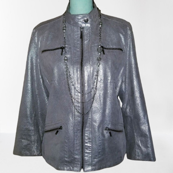 Chico's Jackets & Blazers - Chico's Sparkling Gray Leather Jacket Size 2/Large